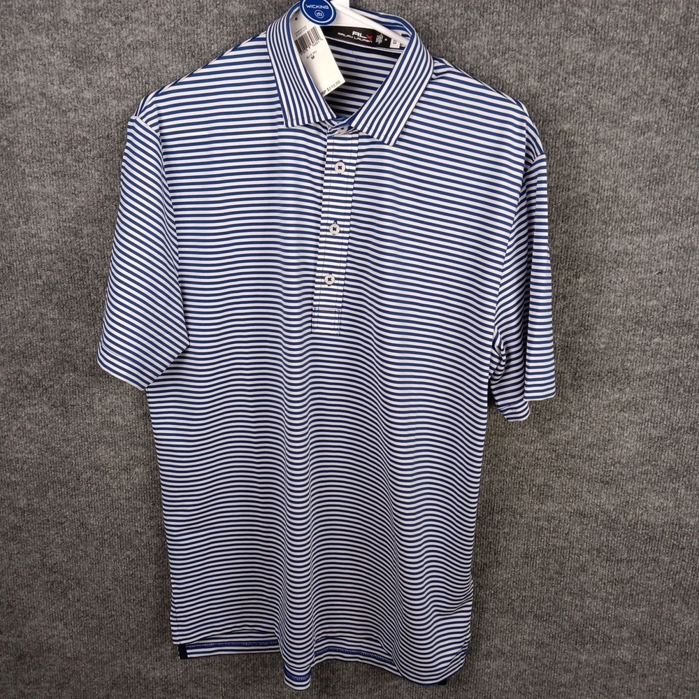Ralph Lauren RLX Golf Men Blue White Striped Polo Shirt Moisture Wicking M NEW